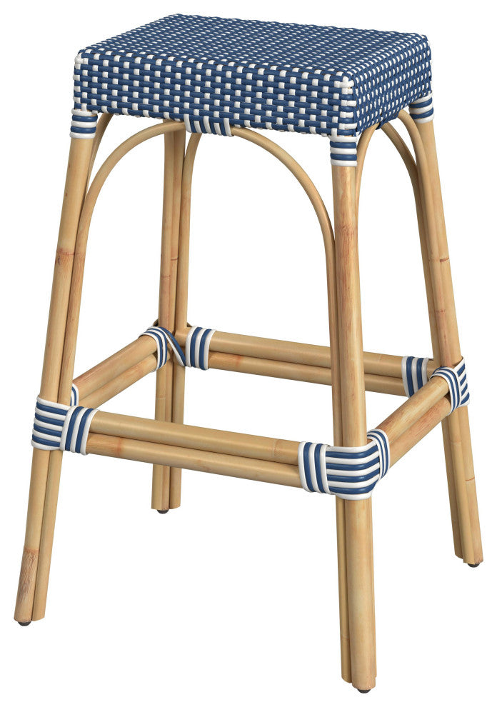Tobias 30" Rectangular Rattan Barstool, Blue
