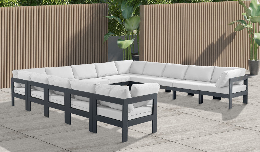 Nizuc Water Resistant Patio U-Shaped Modular Sectional, White, 13-Piece: 9 Armless Chair, 4 Corner Chair, Dark Gray Aluminum Frame