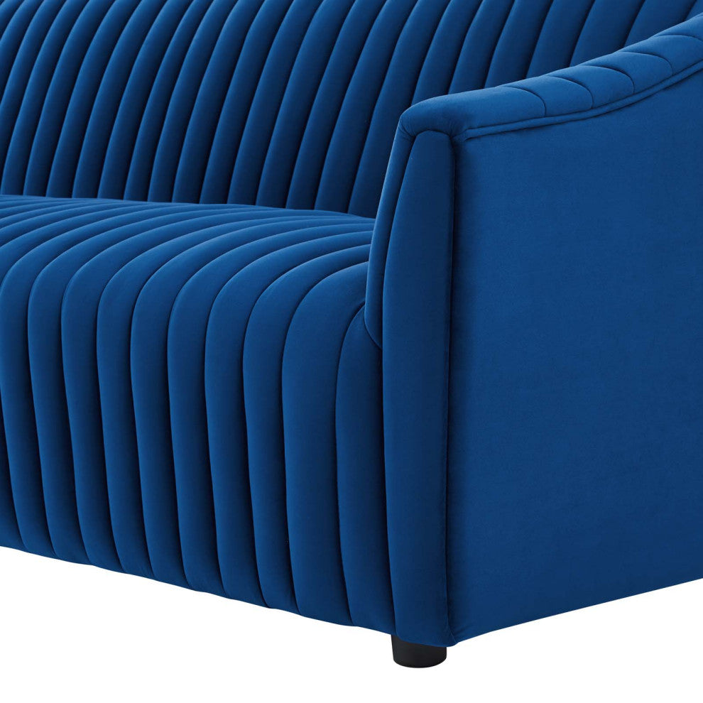 Tufted Sofa, Blue Navy, Velvet, Modern, Mid Century Hotel Lounge Cafe Lobby