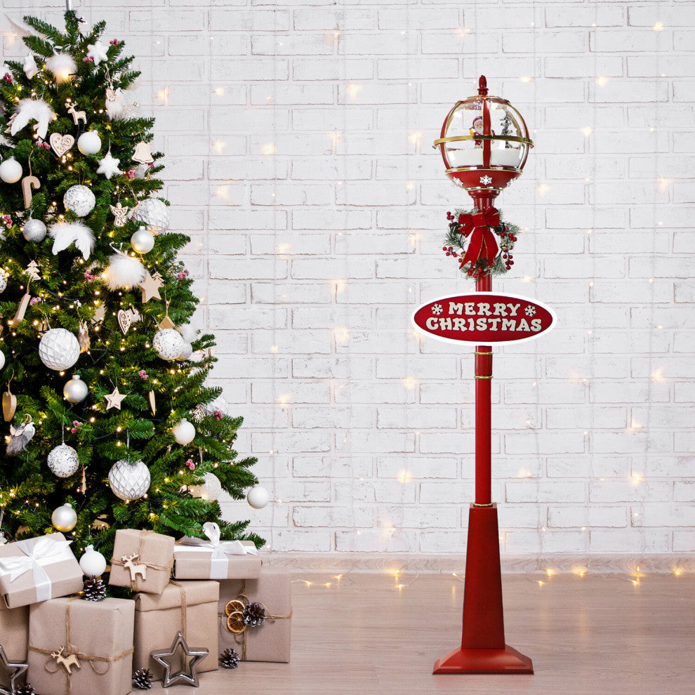 Let It Snow 69" Snow Globe Lamp Post, Red, Santa, 2 Signs, Snow, Holiday Carols