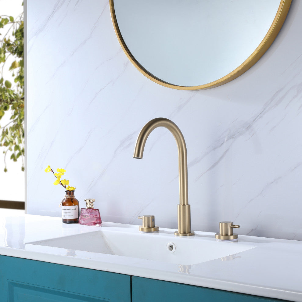 Deck Mounted Dual Handles Widespread Bathroom Faucet, Brushed Gold