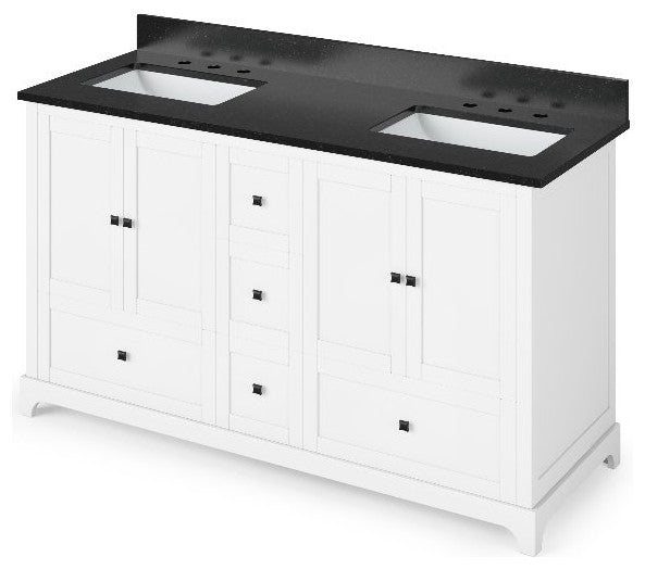 Addington Modern 60" White Double Sink Vanity, Black Granite Vanity Top
