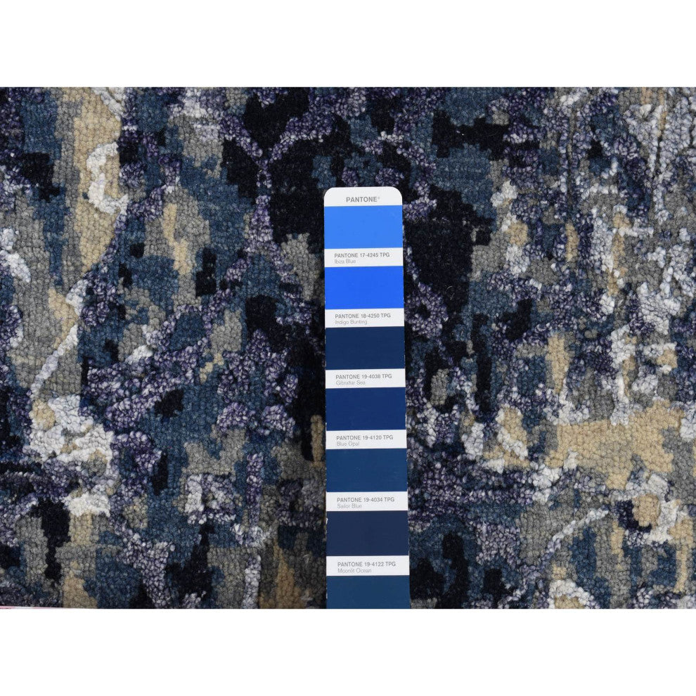Blue Wool and Silk Japanese Shibori Design Hand Knotted Rug 6' x 8'10"