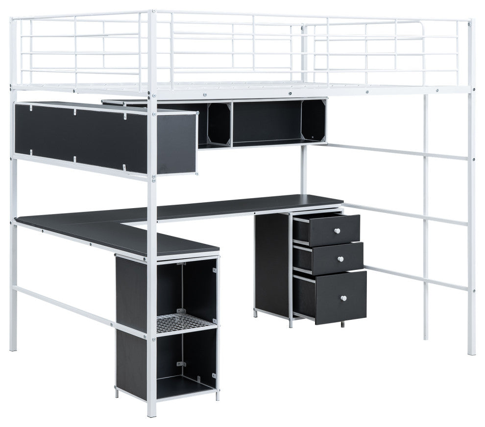 Gewnee Metal Loft Bed with bookcase, desk and cabinet, Full, White