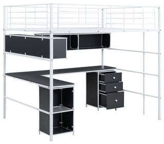 Gewnee Metal Loft Bed with bookcase, desk and cabinet, Full, White