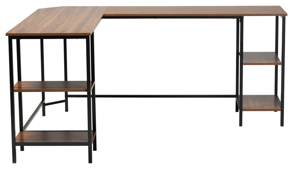 Marinda Walnut Brown L-Shaped Corner Desk with Shelves
