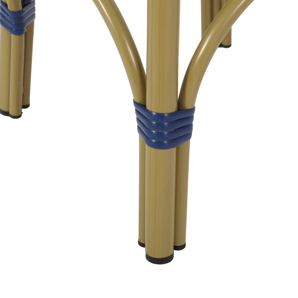 Dohney Outdoor French Aluminum 29.5" Barstools, Set of 2, Navy Blue/White/Bamboo Finish