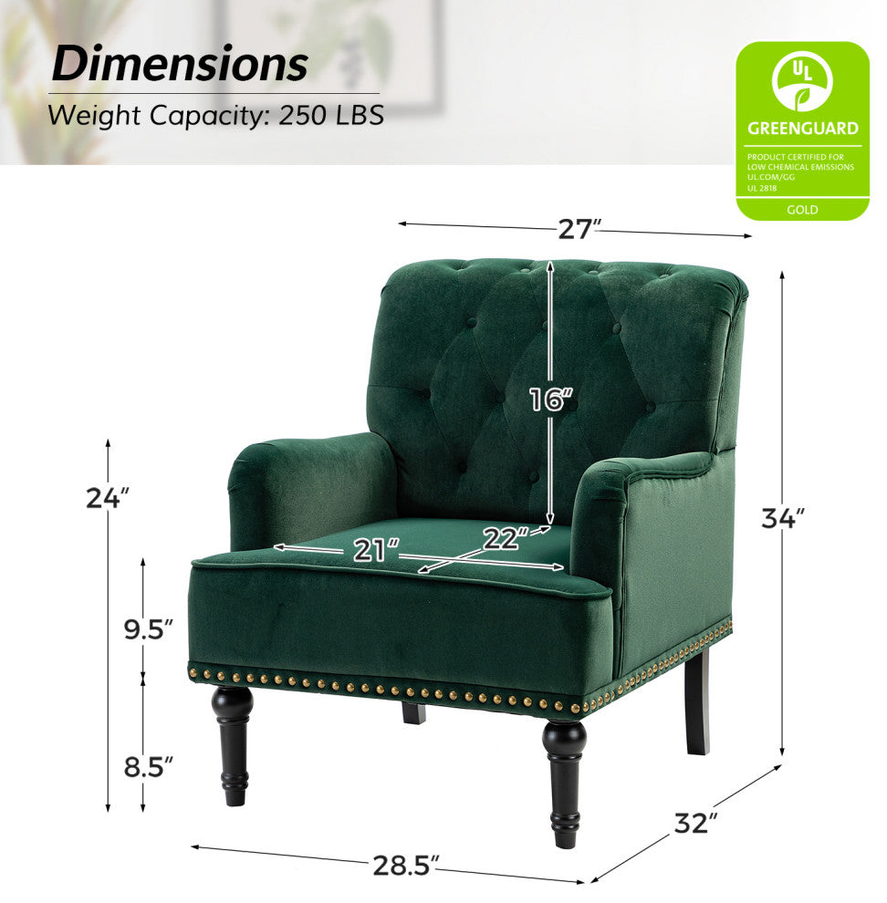 Upholstered Accent Armchair With Nailhead Trim, Green