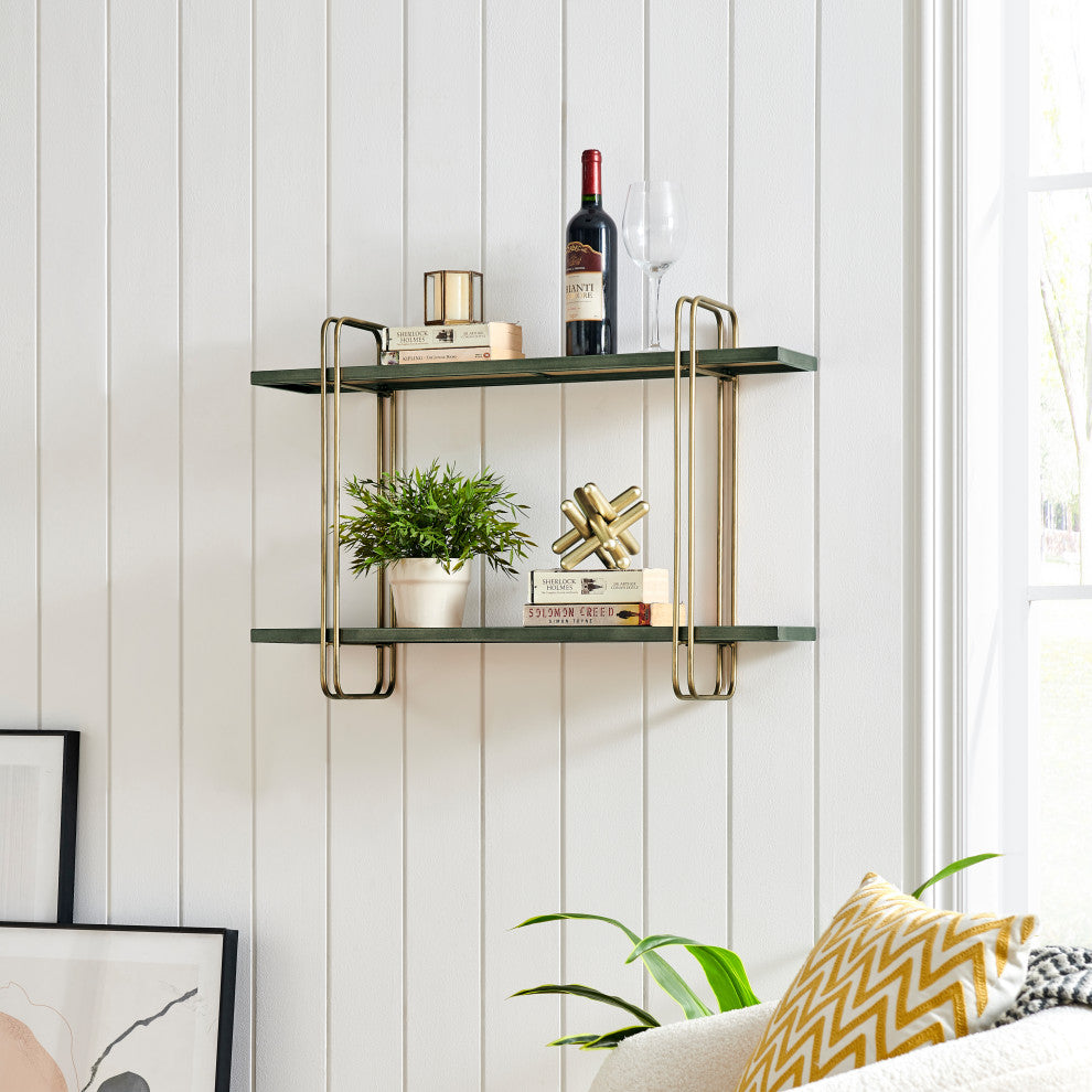 Danya B. Two-Tier Warm Gold and Washed Oak Brown Hanging Wall Mounted Shelf