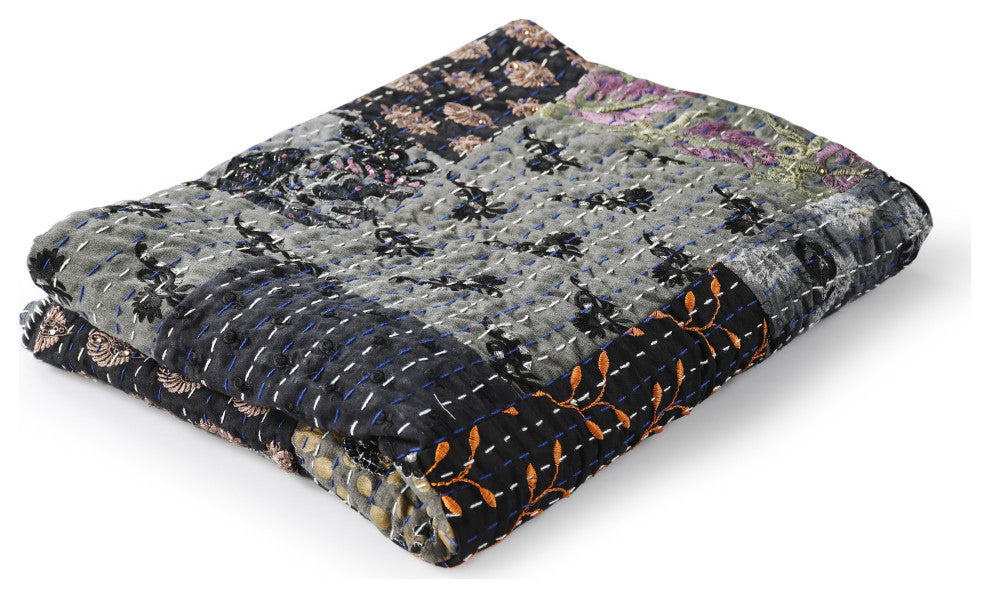 Gray Haze Quilted Boho Kantha Throw Blanket, 50" x 70"