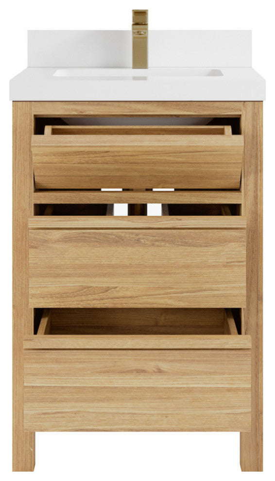 Elizabeth 24 Single Sink Bath Vanity in Light Natural Teak 2" White Quartz