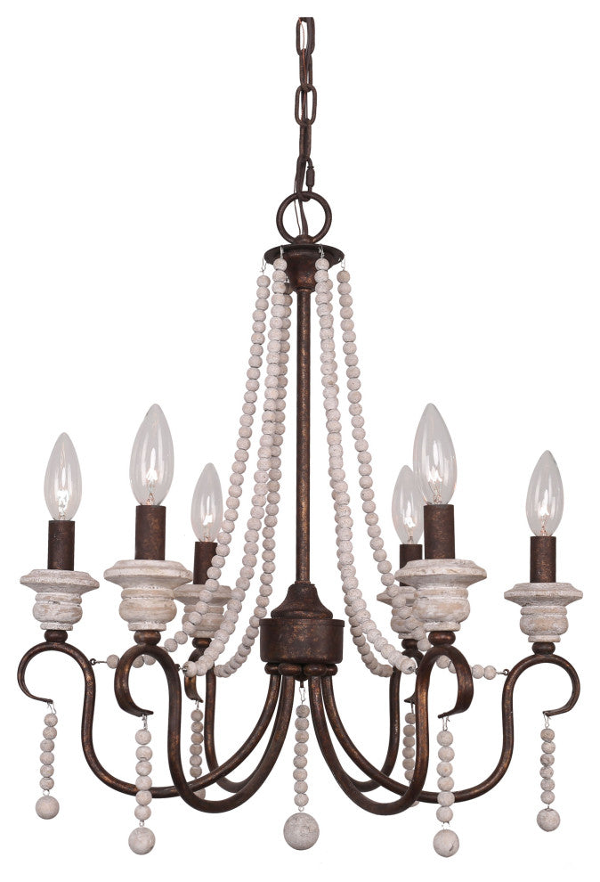 6-Light French Country chandelier With Wood Bead Strings Distressed Wood, Rusty