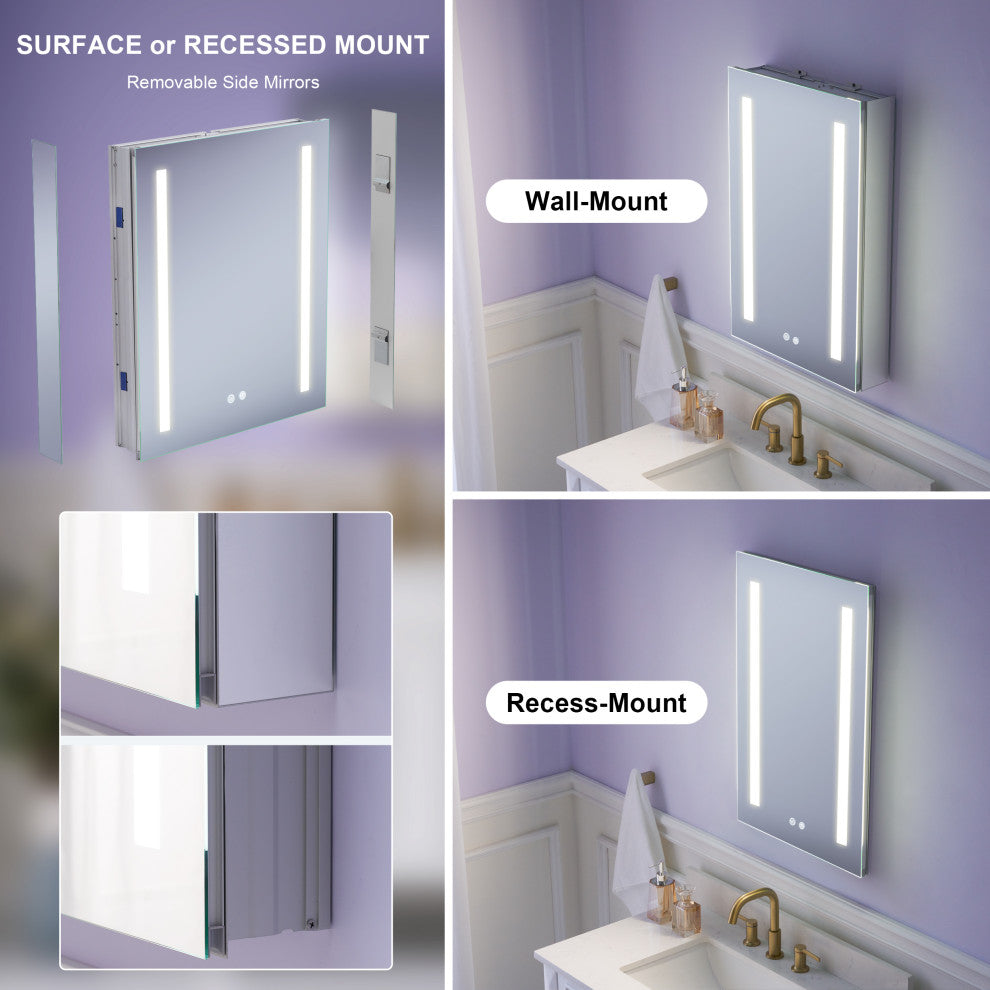 Recessed/Surface Mount LED Medicine Cabinet Mirror with Defogger, 20"x30" Left Hinge