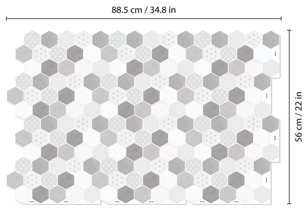 12"x6" Honey Hexa Grey Glossy 3D Tile Stickers, Set of 12