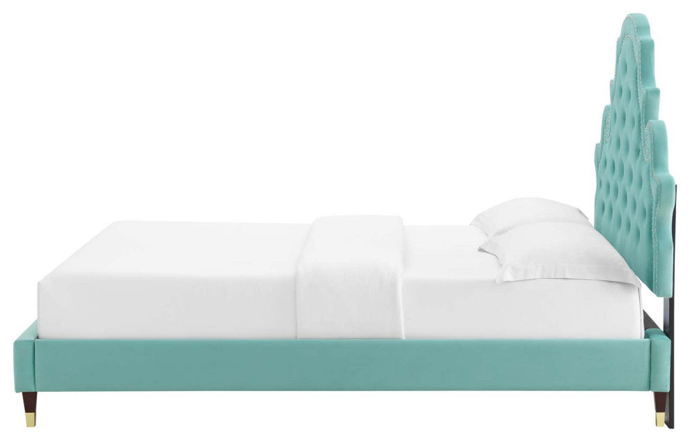 Tufted Platform Bed Frame, Full Size, Velvet, Blue, Modern Contemporary, Bedroom