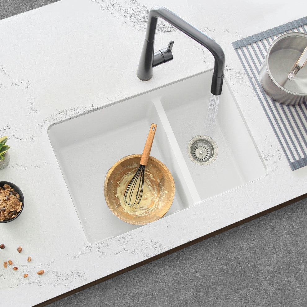 27"x18" White Double Bowl 60/40 Dual Mount Granite Kitchen Sink