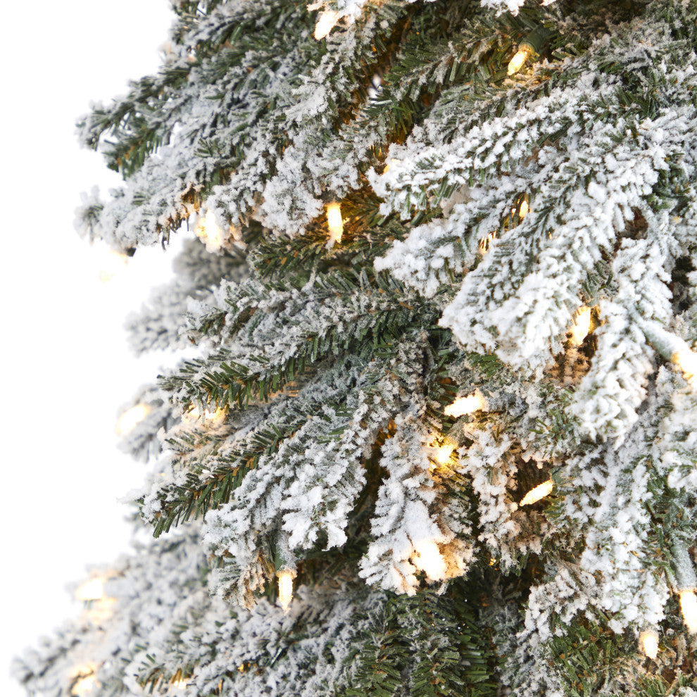 9' Flocked Grand Alpine Faux Xmas Tree W/Lights & Natural Trunk