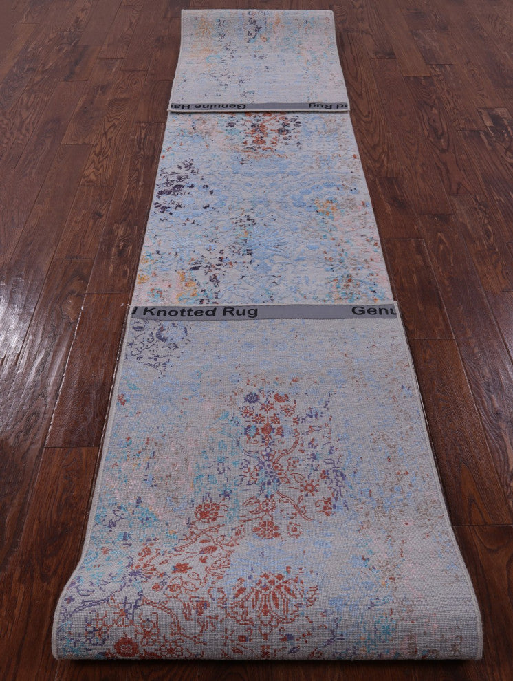 2' 5" X 17' 7" Runner Modern Handmade Wool and Silk Rug Q9265