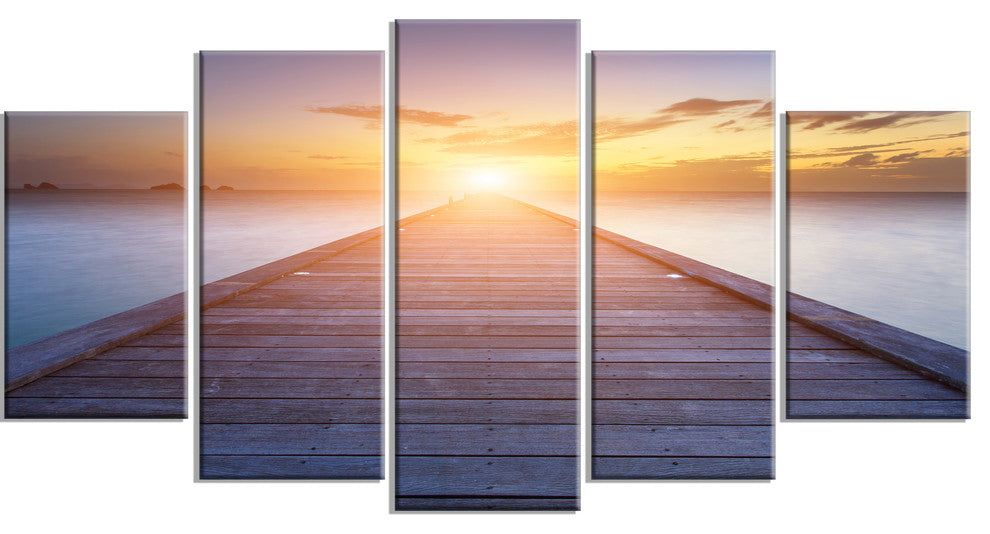 "Wooden Pier To Bright Evening Sun" Sea Bridge Wall Artwork, 5 Panels, 60"x32"