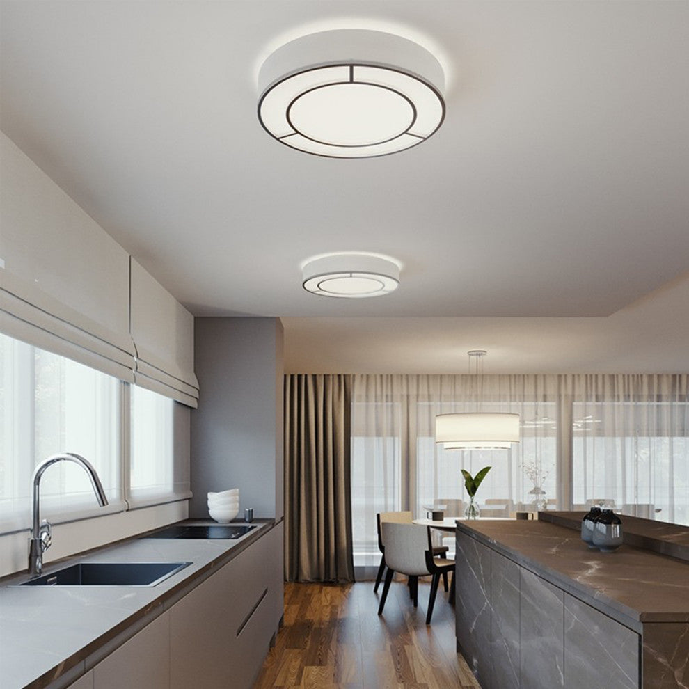 Reeves, LED Flush Mount, Satin Nickel Finish, White Linen Shade, 20"