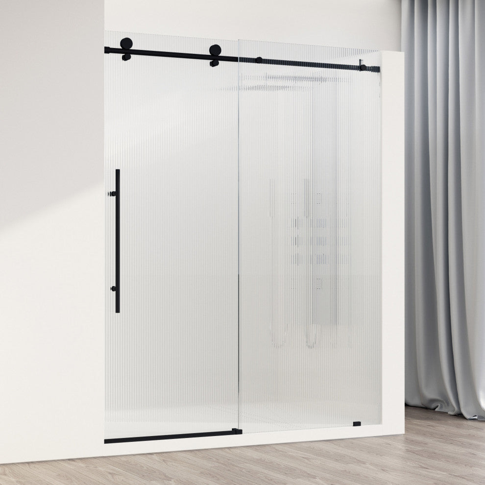 VIGO Elan E-Class 56" to 60" W x 76" H Frameless Sliding Shower Door, Matte Black, Fluted Glass, Left