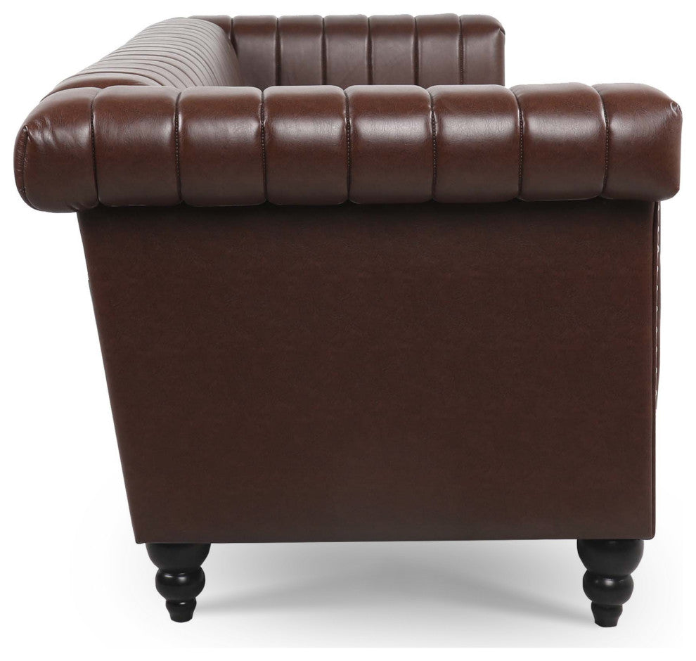 83" Faux leather Square Arm Sofa with Nailhead Trim , Dark Brown