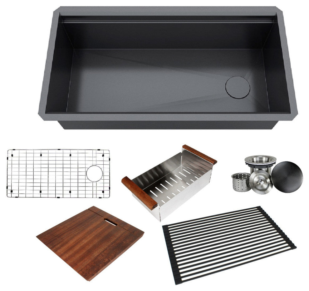 36in. Galaxy Black Undermount Single Bowl Stainless Steel Kitchen Sink Combo