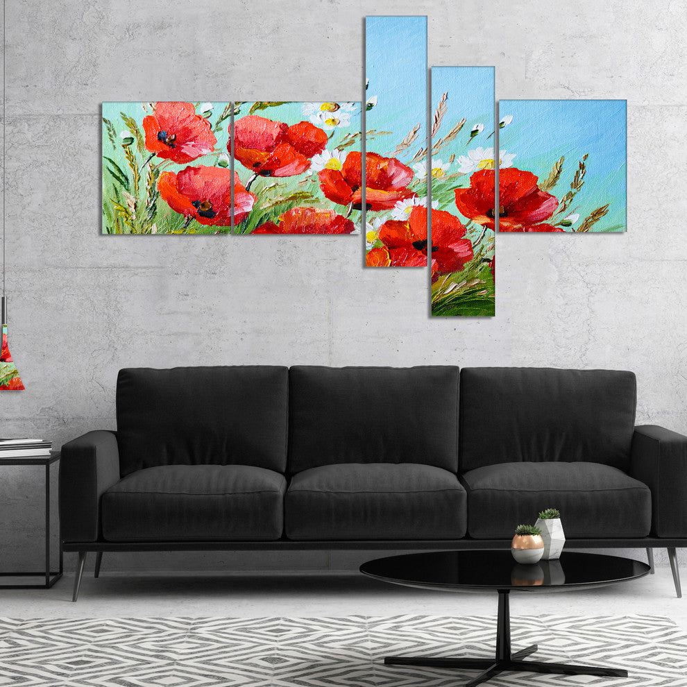 Poppies in Field against Blue Sky, Floral Canvas Art Print, 60"x32", 5 panels