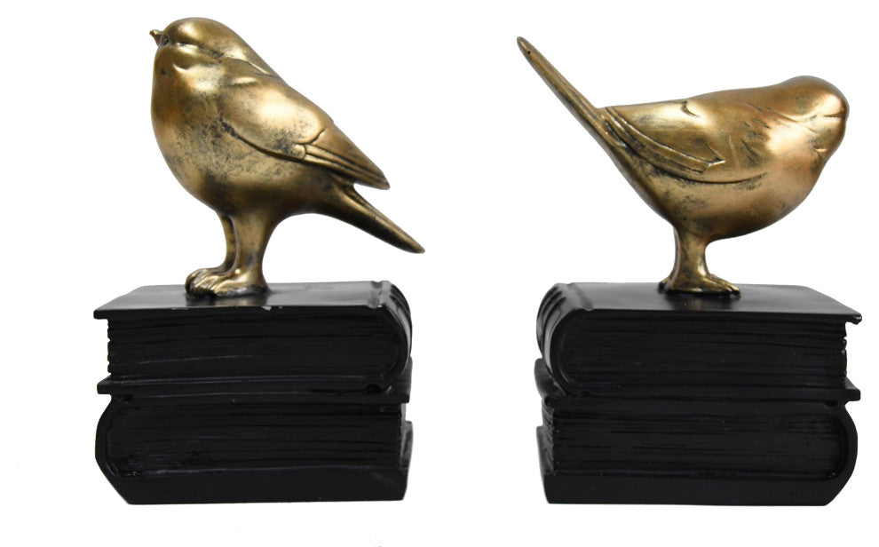 Gold Bird on Book Bookend Pair, Black