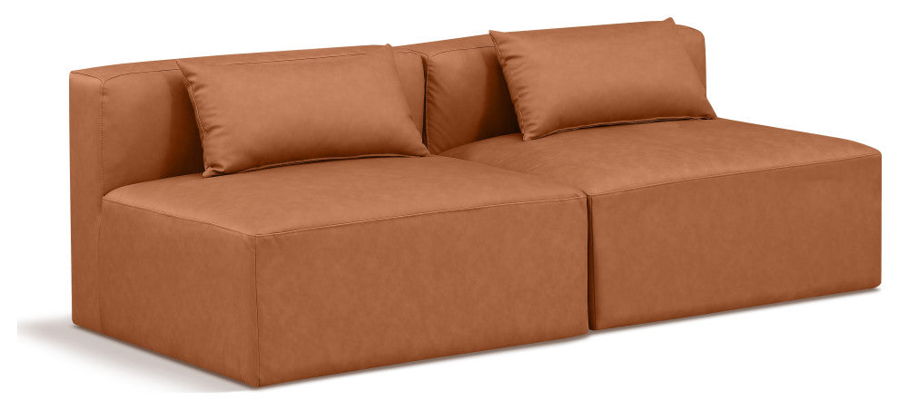 Cube Upholstered Modular Sofa, Cognac, 2-Piece: 2 Armless Chair, Vegan Leather