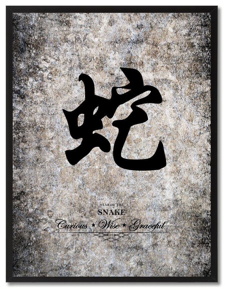 Snake Chinese Zodiac Character Print on Canvas with Picture Frame, 22"x29"