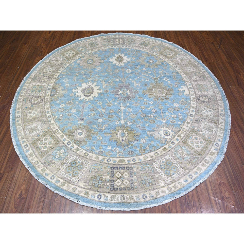Blue Mahal Design Hand Knotted Pure Wool Round Oriental Rug, 7'10"x8'