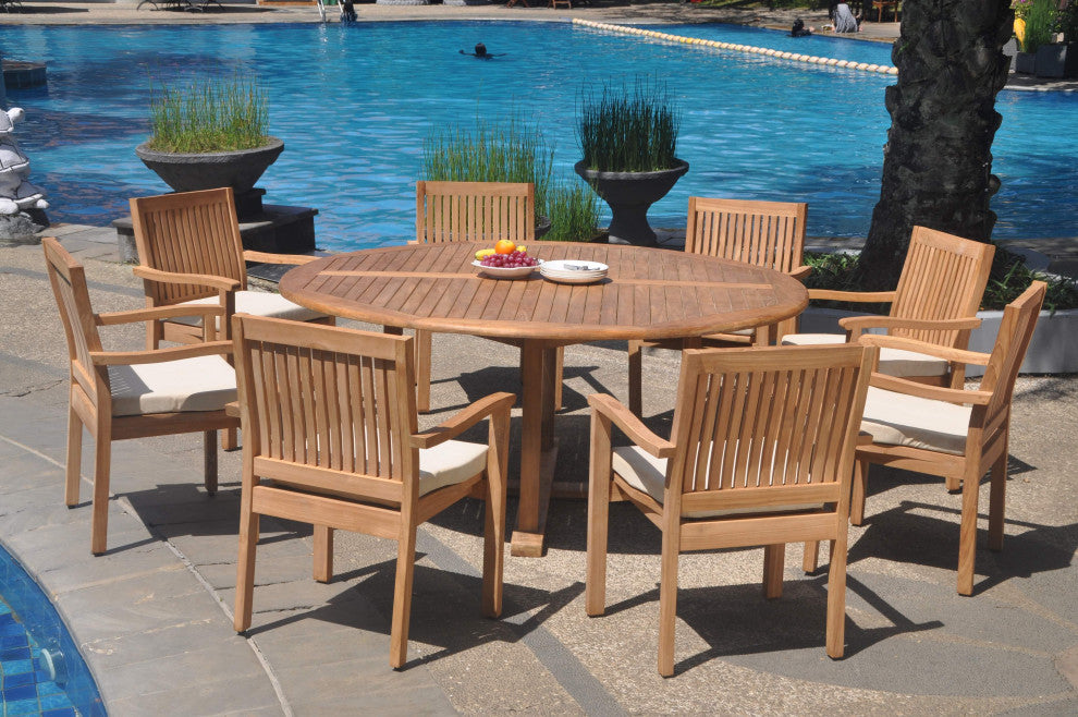 9-Piece Outdoor Teak Dining Set: 72" Round Table, 8 Leveb Stacking Arm Chairs