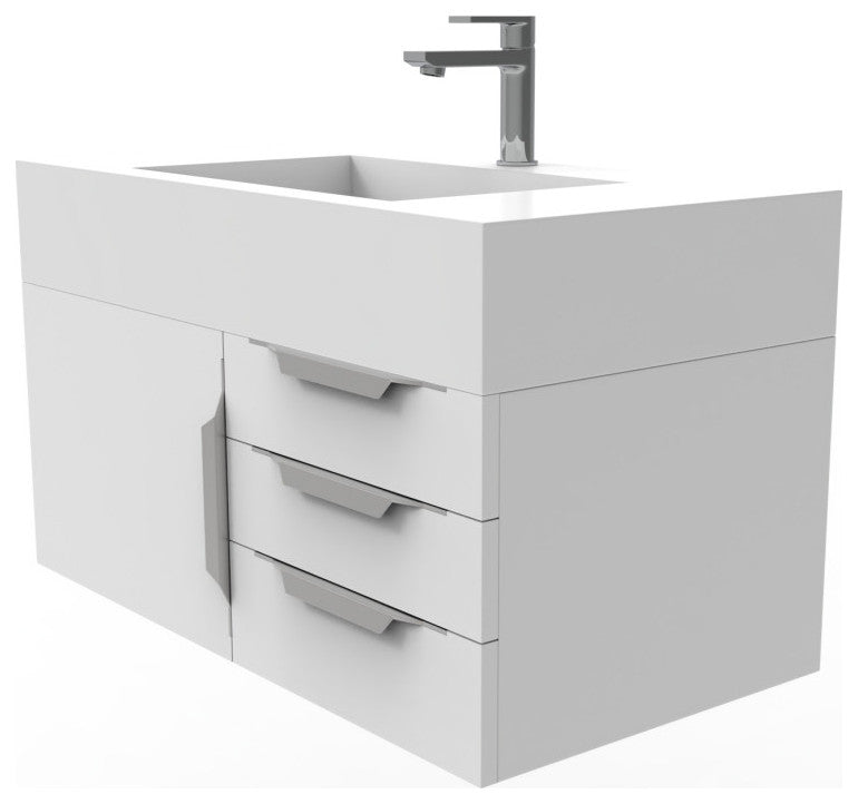 CastelloUSA Nile 36" Wall Mounted Vanity Set, White, White Top, Brushed Nickel