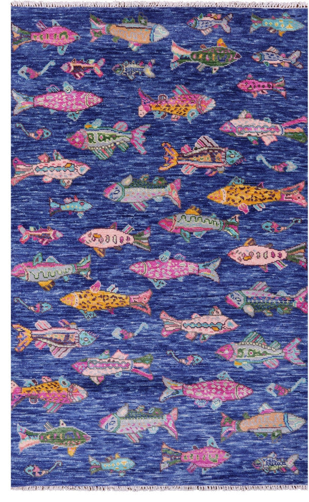 5' 1" X 8' 3" Hand Knotted Gabbeh Fish Design Wool Rug - Q15354