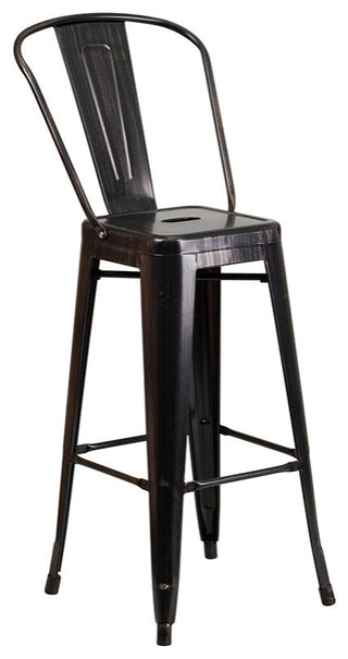 24" Round Black-Antique Gold Metal Indoor-Outdoor Bar Table Set, 4 Cafe Stools