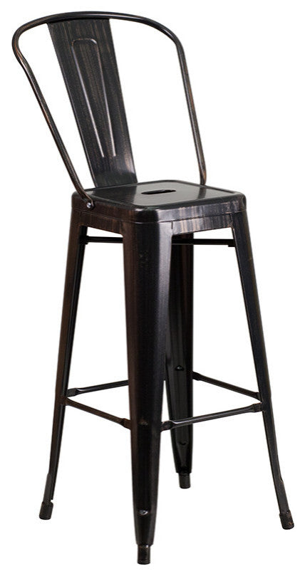 24" Round Black-Antique Gold Metal Indoor-Outdoor Bar Table Set, 4 Cafe Stools