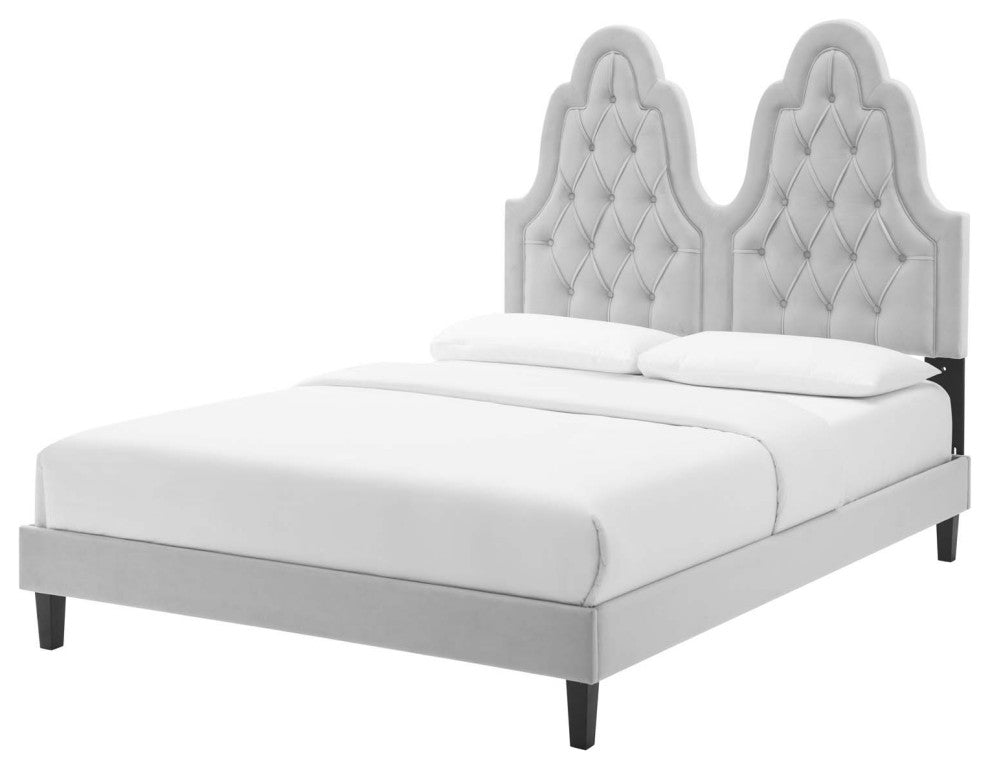 Tufted Platform Bed Frame, King Size, Velvet, Gray, Modern Contemporary
