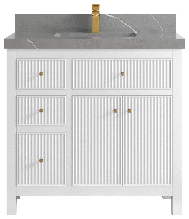 Sonoma 36 Center Sink Reeded Bath Vanity in White 2" Piatra Gray