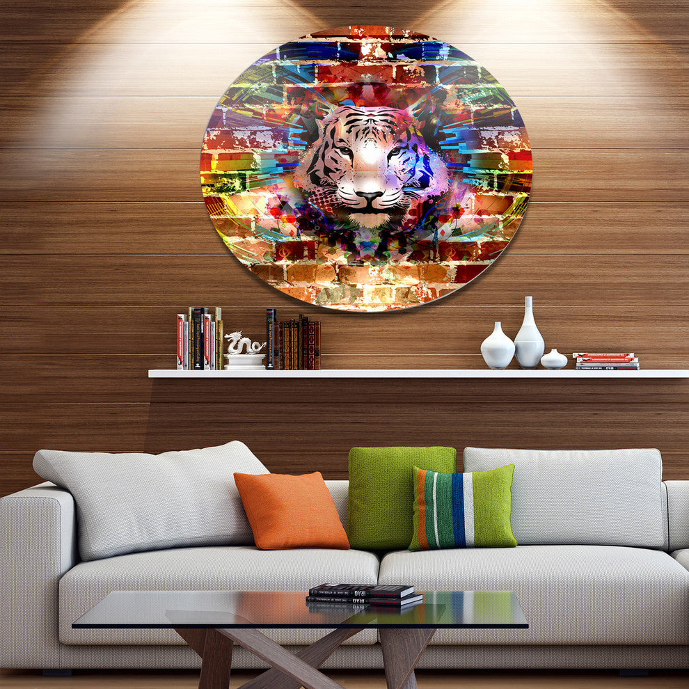 Tiger Over Abstract Brick Design, Abstract Disc Metal Wall Art, 23"