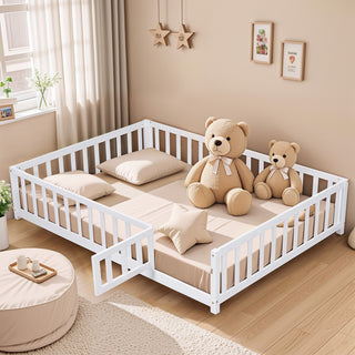 Gewnee Full Size Floor Platform Bed with Fence and Door, White