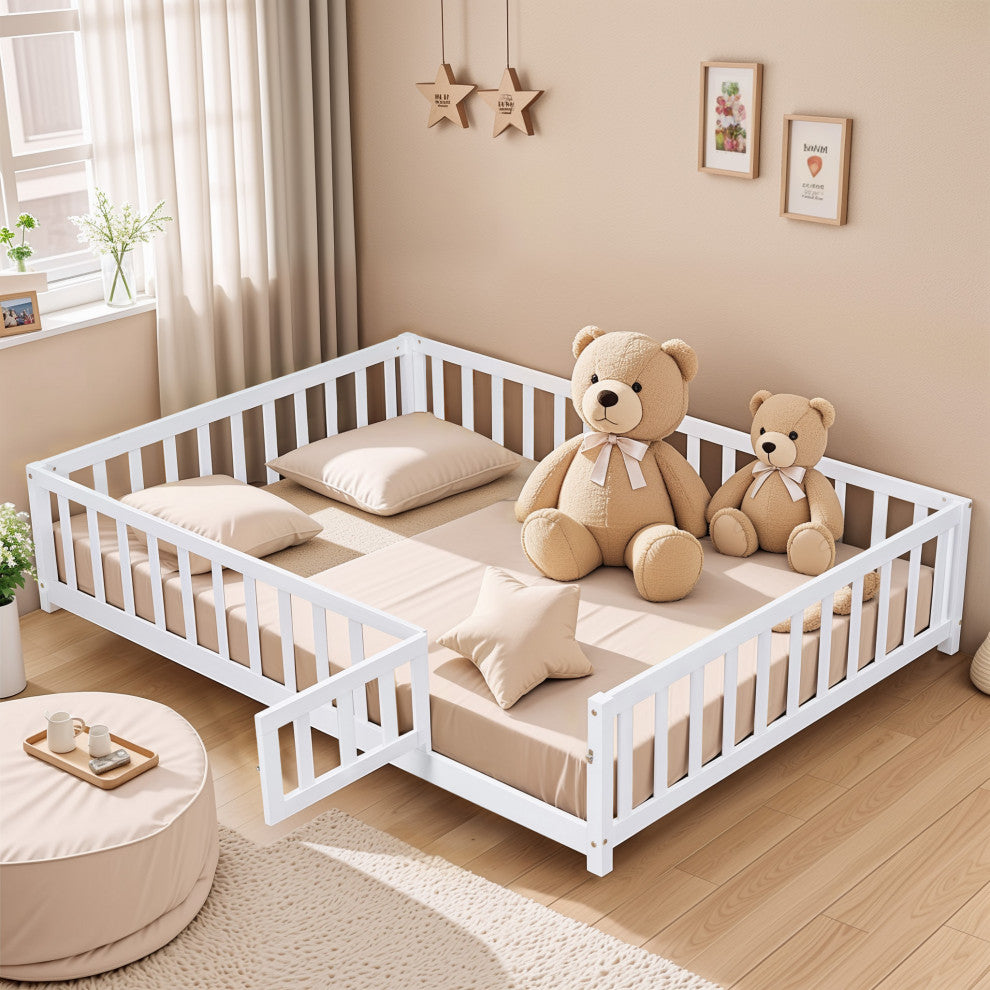 Gewnee Full Size Floor Platform Bed with Fence and Door, White