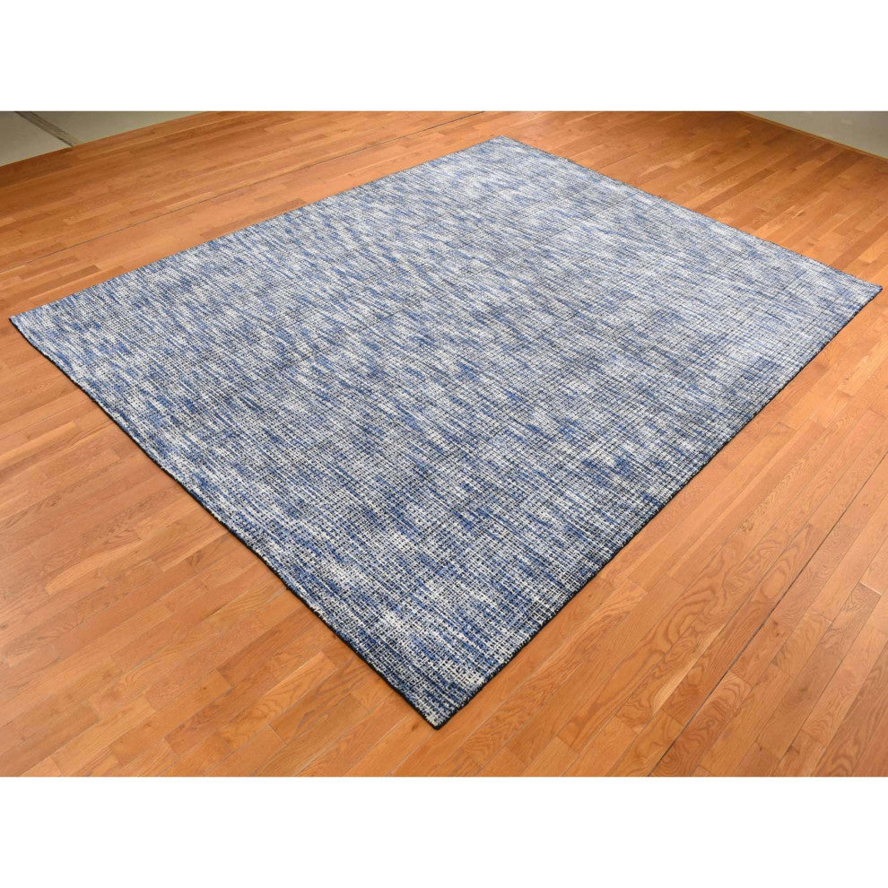 Steel Blue Modern Fence Design Wool and Art Silk Hand Loomed Rug 9'2"x12'