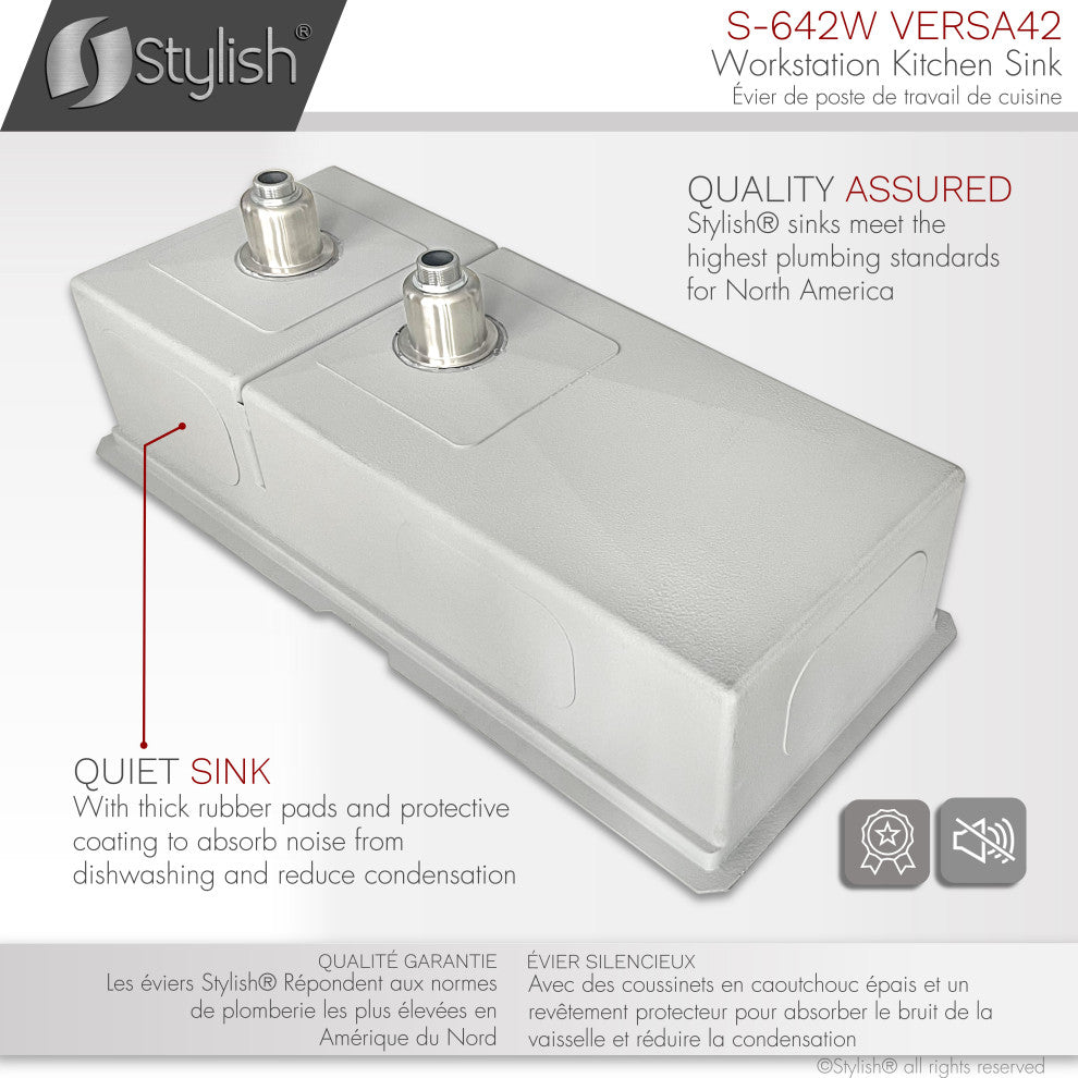 STYLISH 42"x19 W" Undermount 70/30 Double Bowl 16G Workstation Kitchen Sink