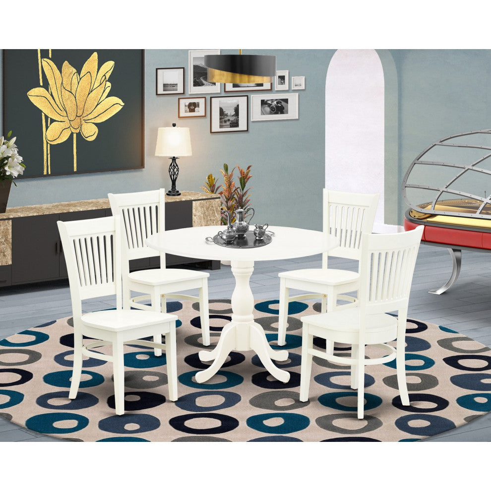 5Pc Dining Set 4 Chair, Wooden Seat, Drop Leaves Round Table Linen White