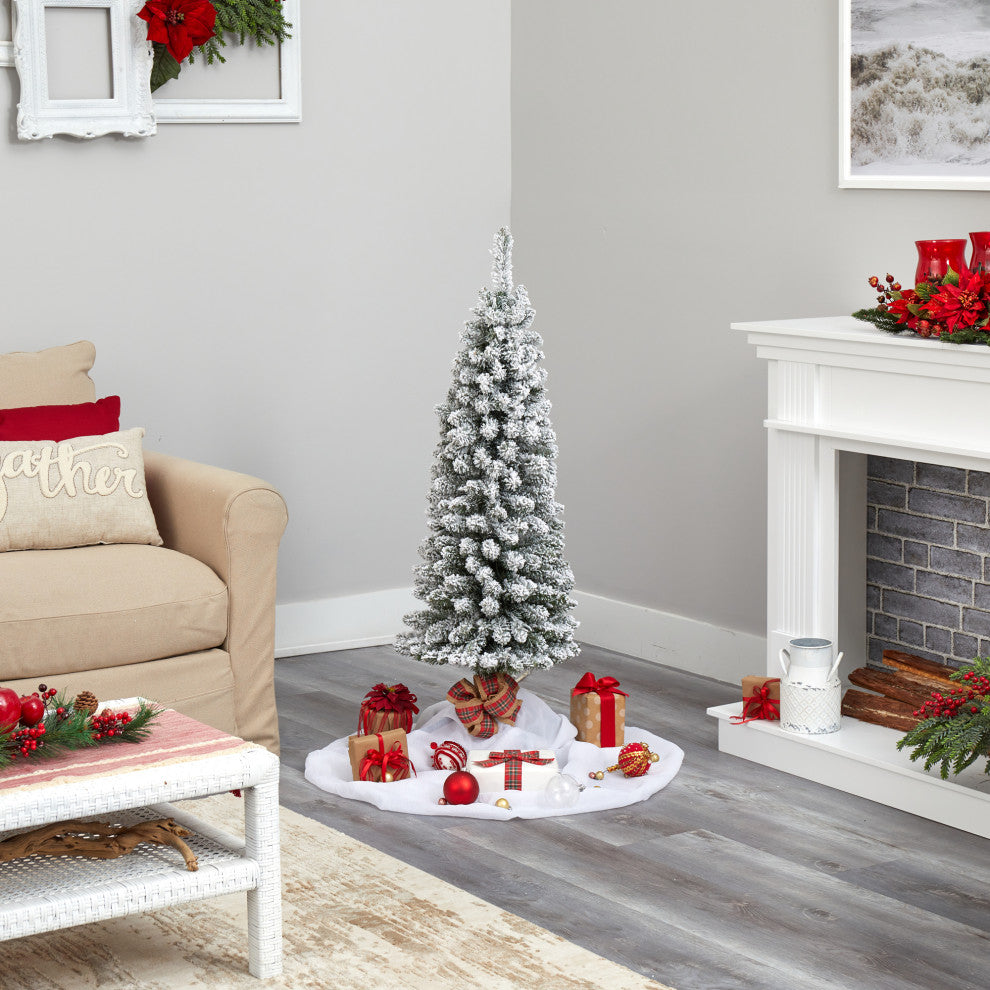Nearly Natural 4ï¿½ Flocked Pencil Artificial Christmas Tree with 100 Clear Lights
