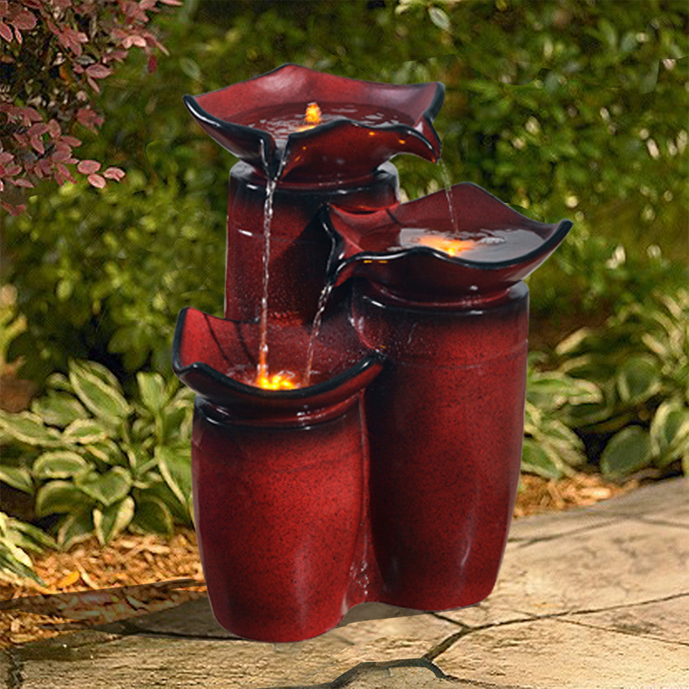 3-Tier Pot Floor Fountain with LED Lights Red