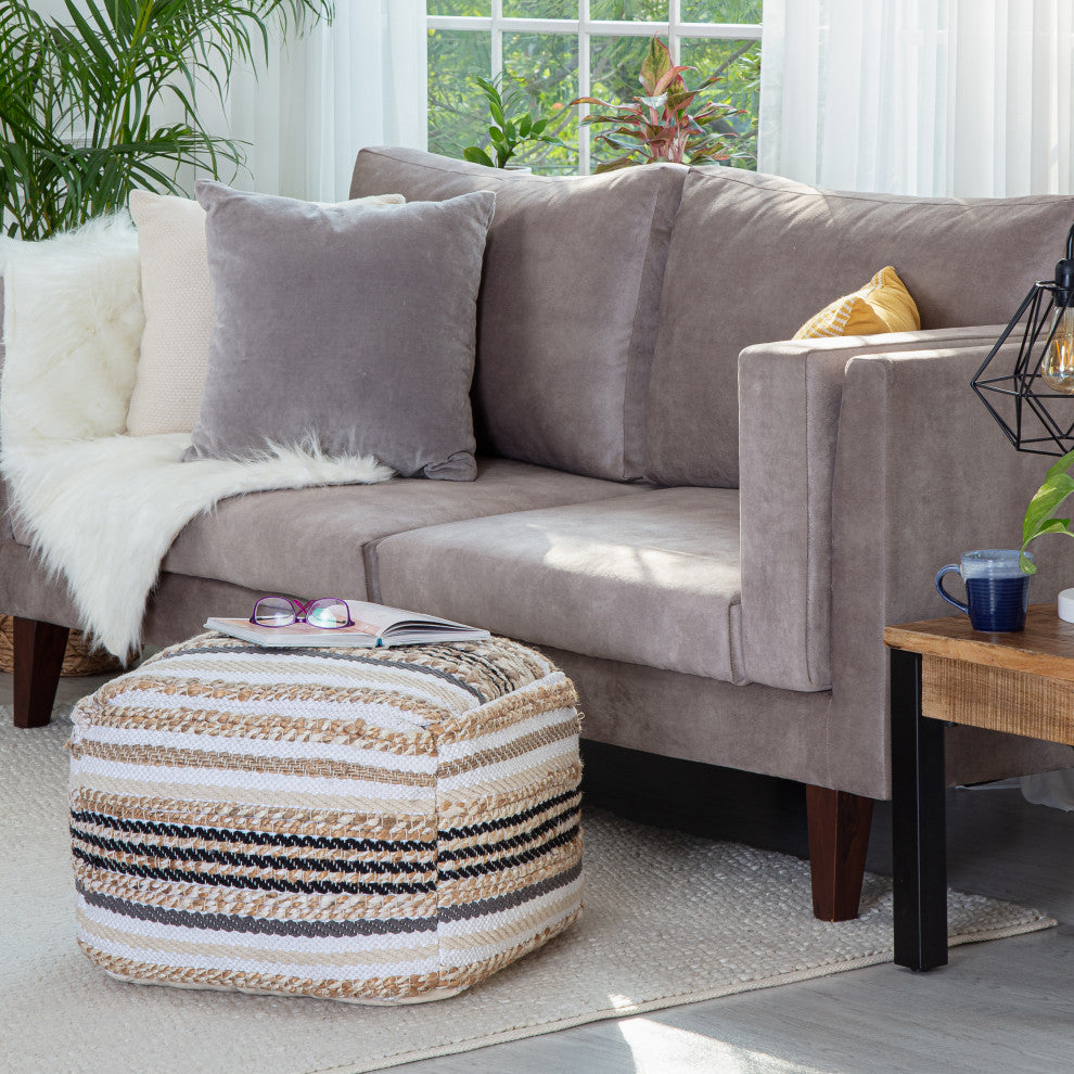 Arsenal 22" x 22" x 16" Beige and Grayscale Pouf
