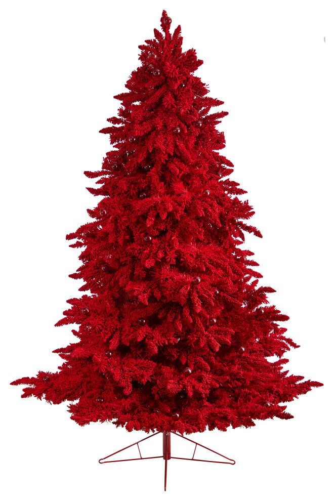 8' Red Flocked Fraser Fir Faux Xmas Tree W/Red Lights, Bulbs & Bendable Branches