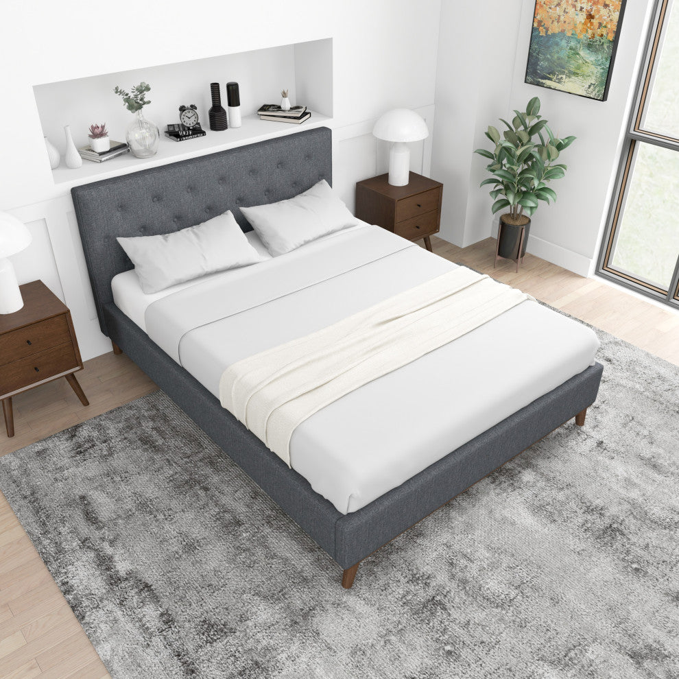 Ashton Mid-Century Modern Solid Wood Tufted Dark Grey Fabric Platform Bed, Queen